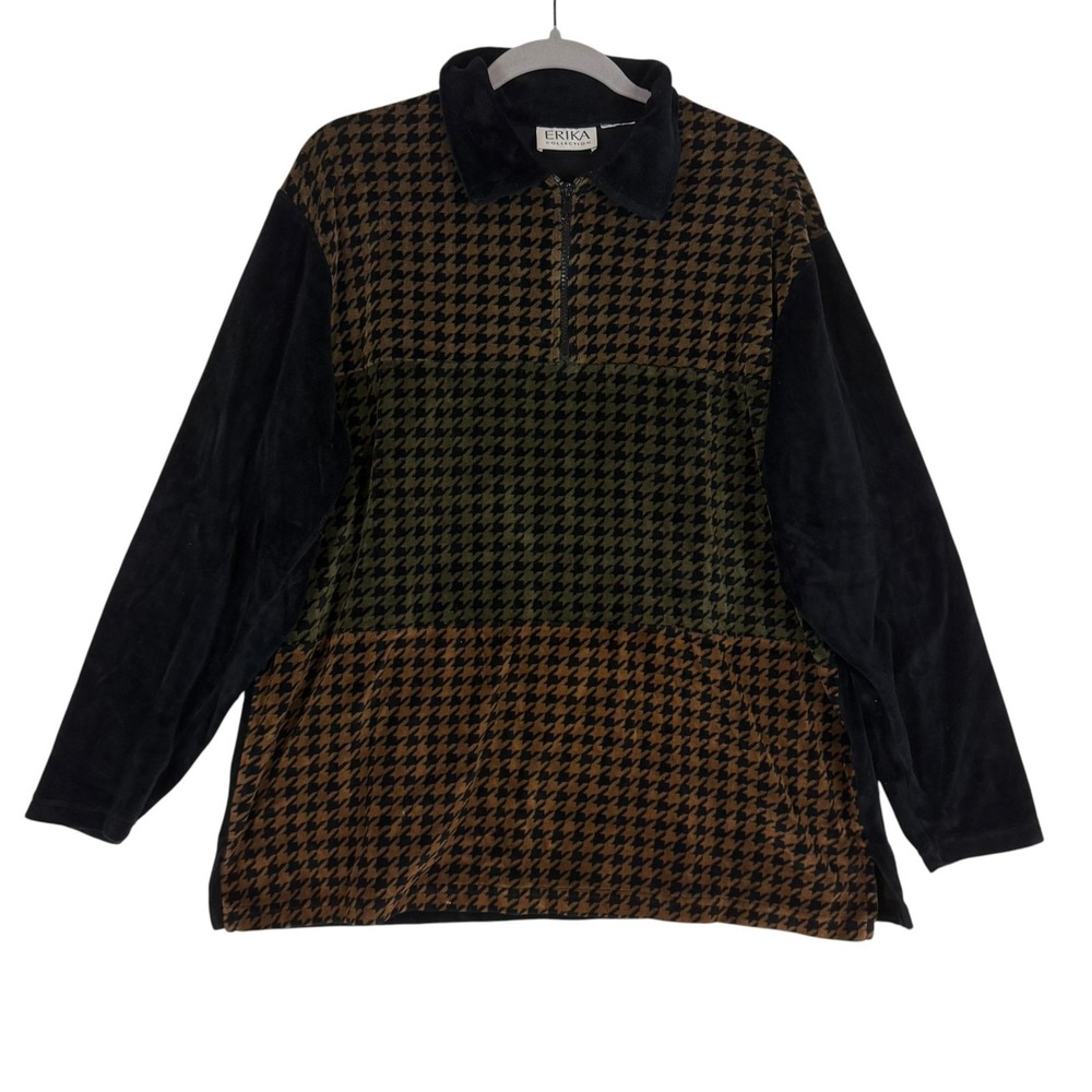 Erika Blouse Womens XL Black Houndstooth Collared Long Sleeve Velour Tunic Zip